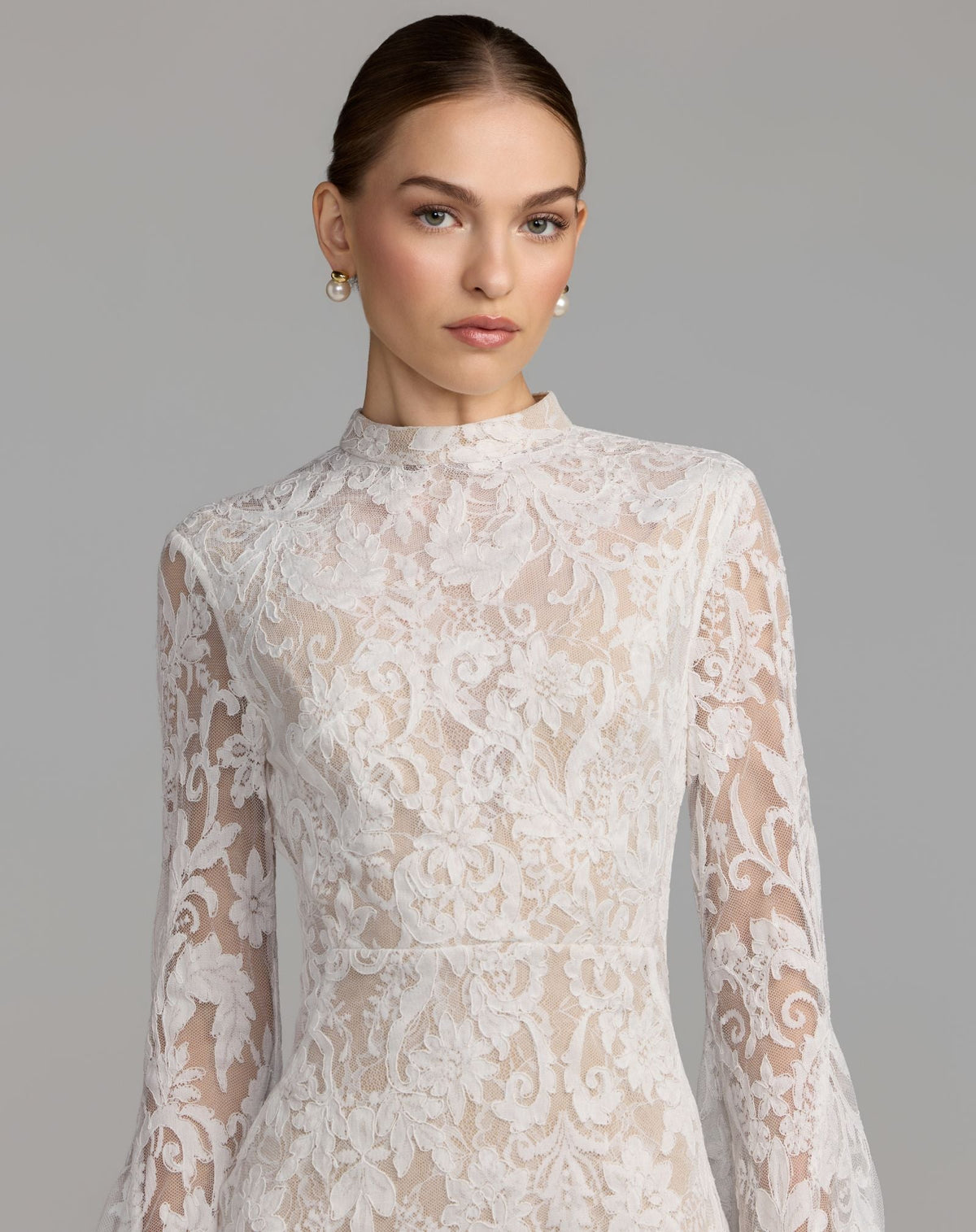 Mac Duggal White Mock Neck Long Sleeve Lace Gown