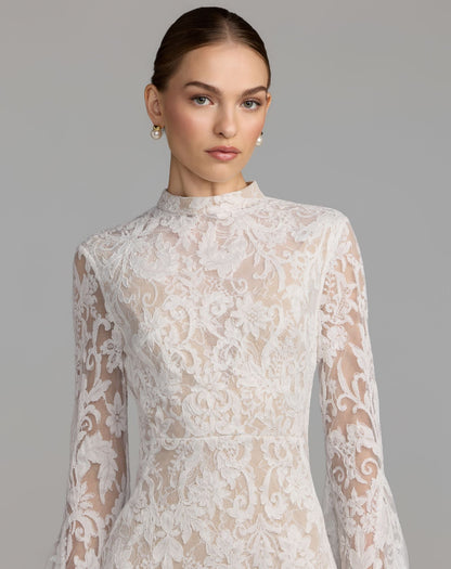 Mac Duggal White Mock Neck Long Sleeve Lace Gown
