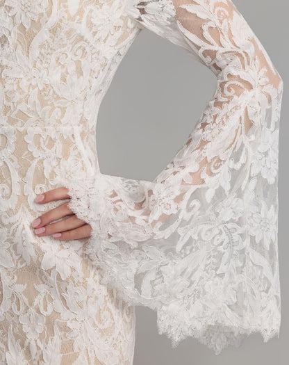 Mac Duggal White Mock Neck Long Sleeve Lace Gown