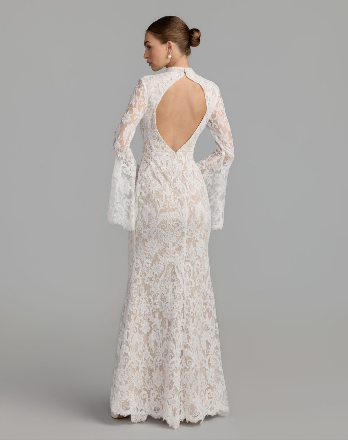 Mac Duggal White Mock Neck Long Sleeve Lace Gown