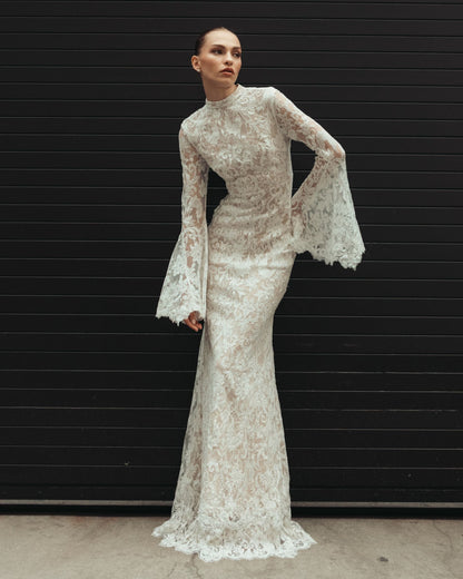 Mac Duggal White Mock Neck Long Sleeve Lace Gown
