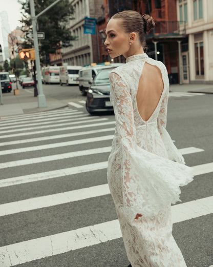Mac Duggal White Mock Neck Long Sleeve Lace Gown