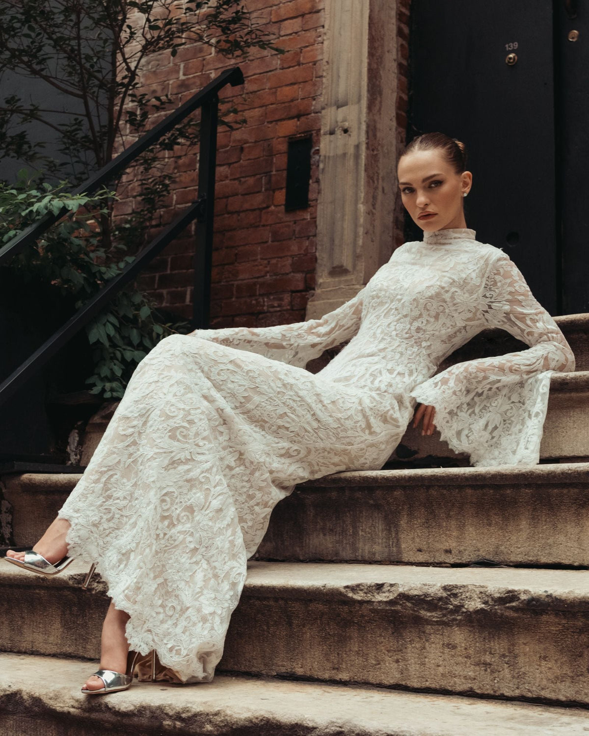 Mac Duggal White Mock Neck Long Sleeve Lace Gown