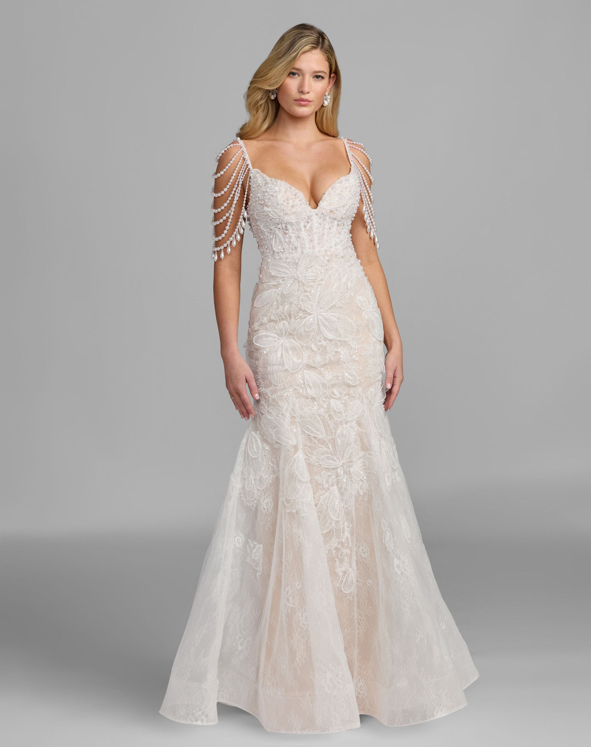 Mac Duggal White Floral Lace Mermaid Gown With Draped Beading