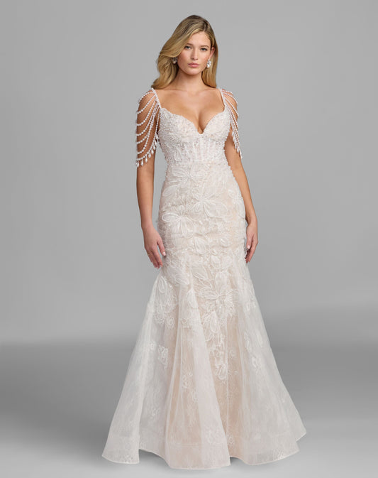 Mac Duggal White Floral Lace Mermaid Gown With Draped Beading