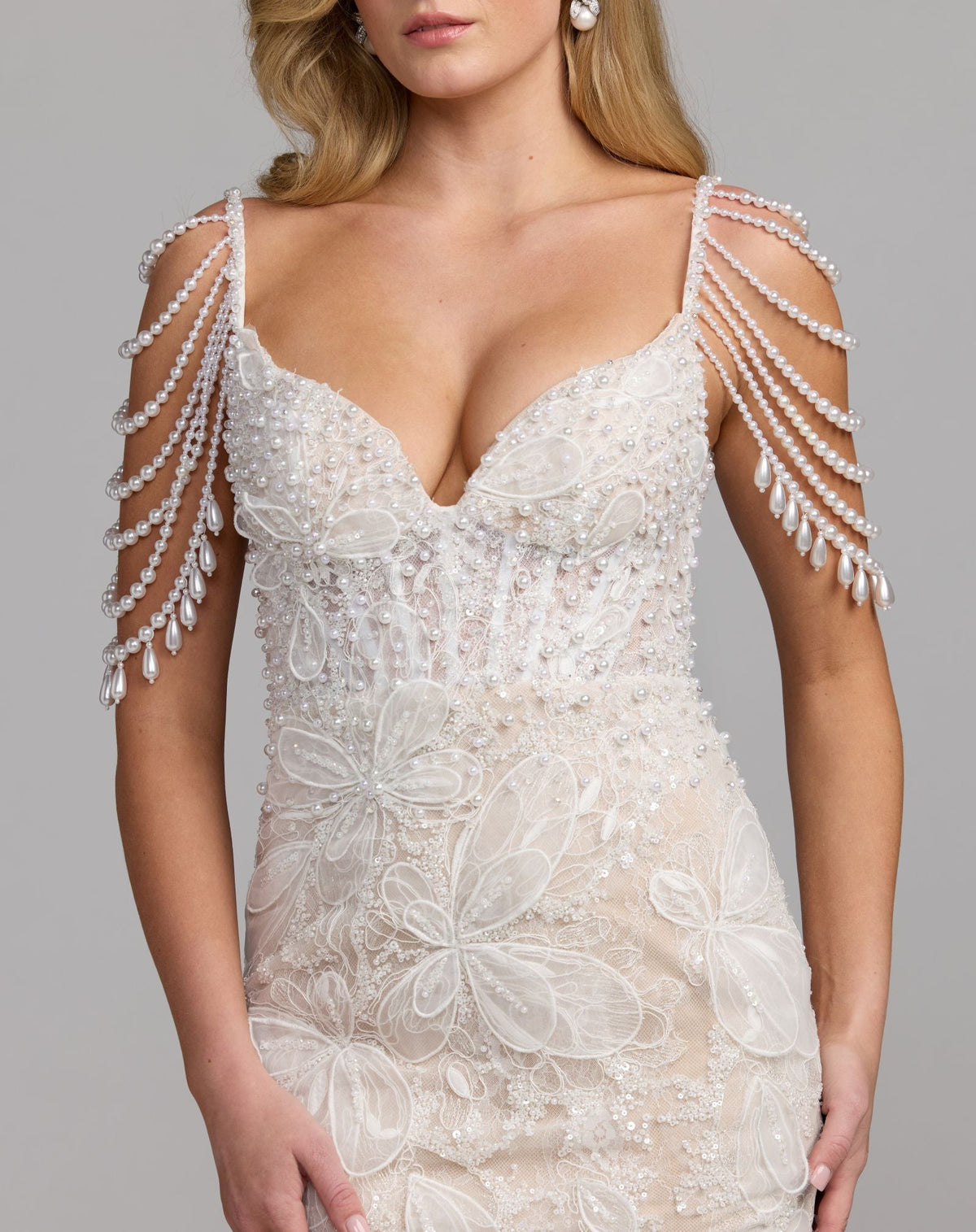Mac Duggal White Floral Lace Mermaid Gown With Draped Beading