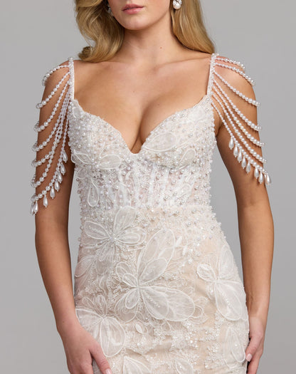 Mac Duggal White Floral Lace Mermaid Gown With Draped Beading