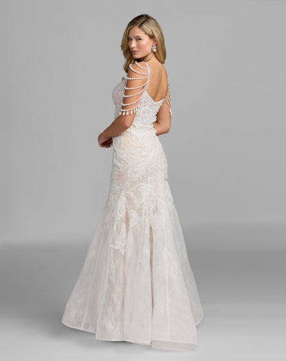 Mac Duggal White Floral Lace Mermaid Gown With Draped Beading