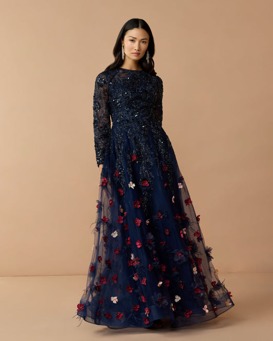 Mac Duggal Navy Beaded Floral A Line Gown With Feathers