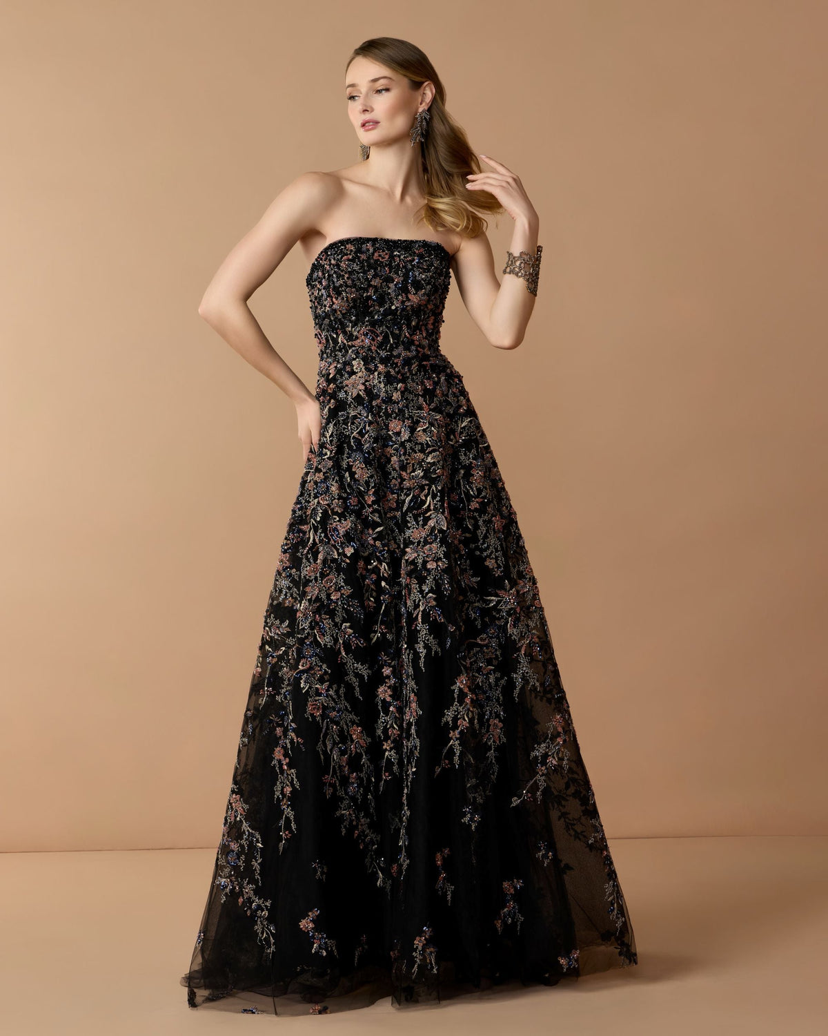 Mac Duggal Black Strapless Floral Embroidered A-Line Gown