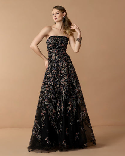 Mac Duggal Black Strapless Floral Embroidered A-Line Gown