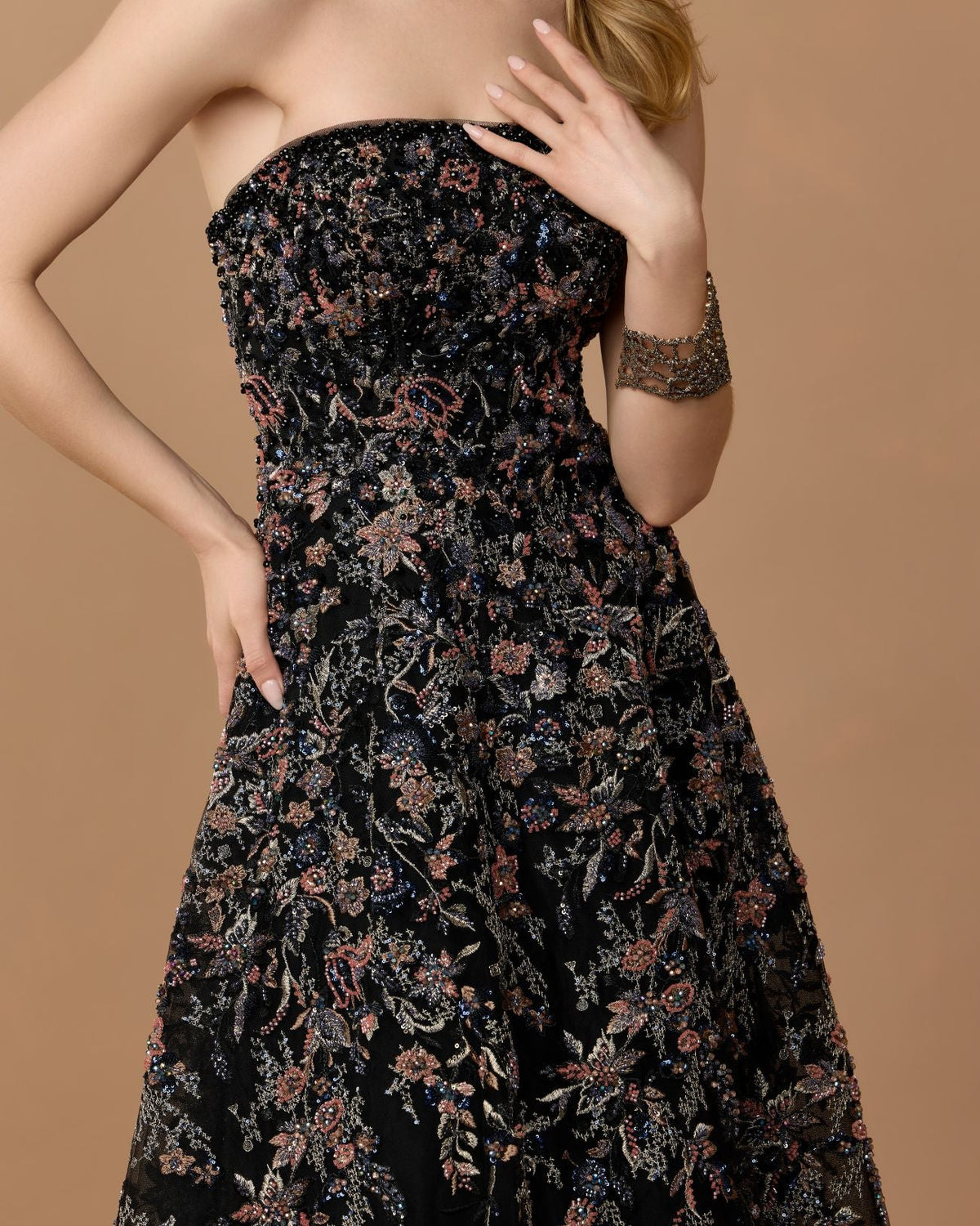 Mac Duggal Black Strapless Floral Embroidered A-Line Gown