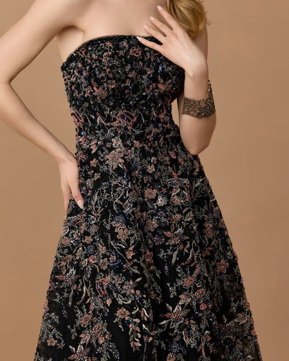 Mac Duggal Black Strapless Floral Embroidered A-Line Gown