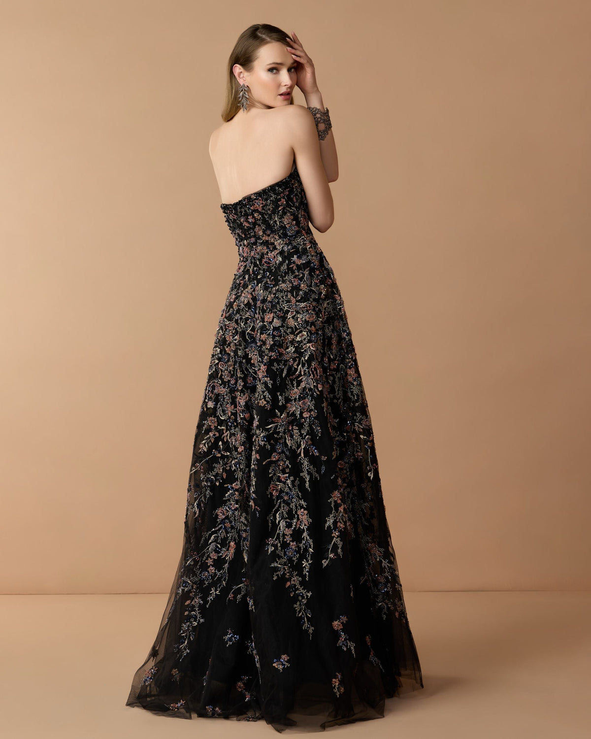 Mac Duggal Black Strapless Floral Embroidered A-Line Gown