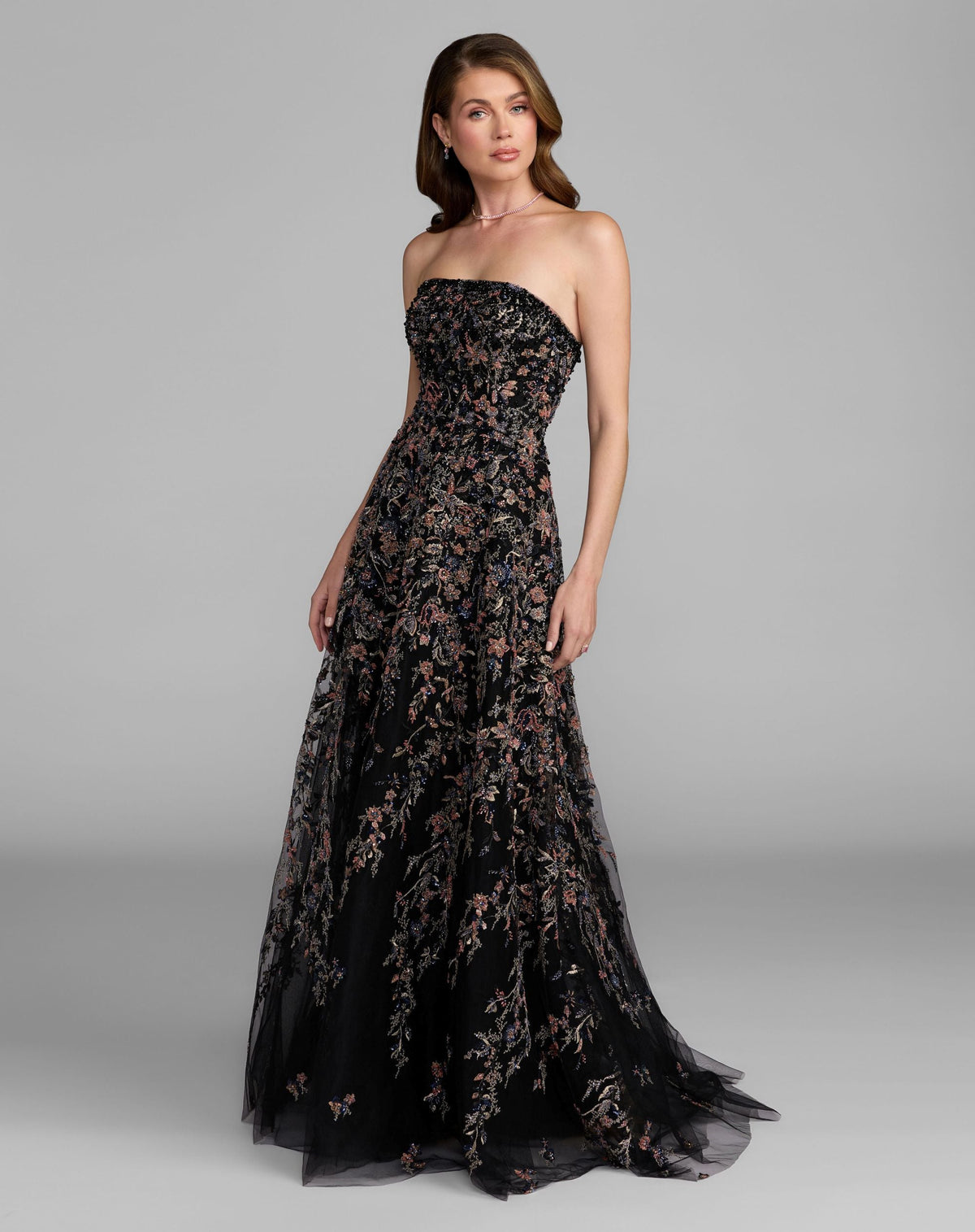 Mac Duggal Black Strapless Floral Embroidered A-Line Gown