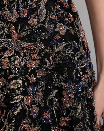 Mac Duggal Black Strapless Floral Embroidered A-Line Gown