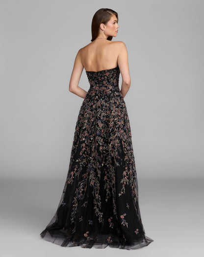 Mac Duggal Black Strapless Floral Embroidered A-Line Gown