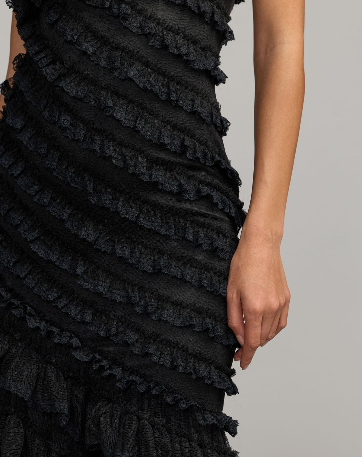 Mac Duggal Black Sleeveless One Shoulder Lace Trim Ruffle Gown