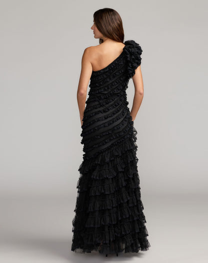 Mac Duggal Black Sleeveless One Shoulder Lace Trim Ruffle Gown