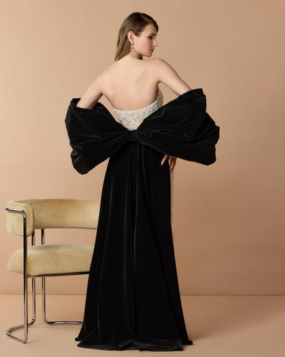 Mac Duggal Beige and Black Strapless Embellished Dress With Velvet Bow