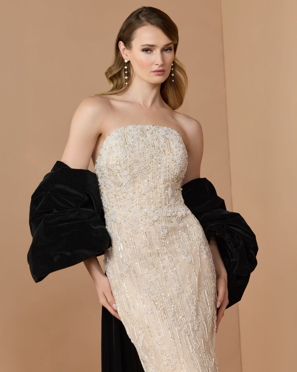 Mac Duggal Beige and Black Strapless Embellished Dress With Velvet Bow