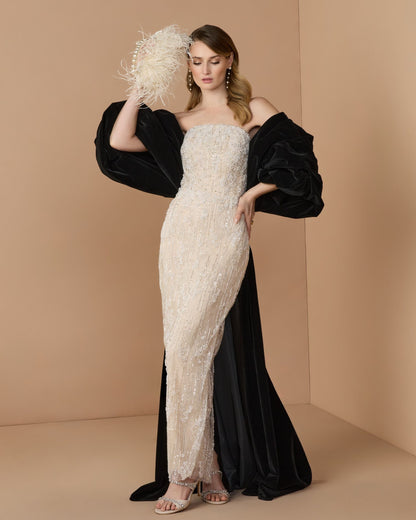 Mac Duggal Beige and Black Strapless Embellished Dress With Velvet Bow