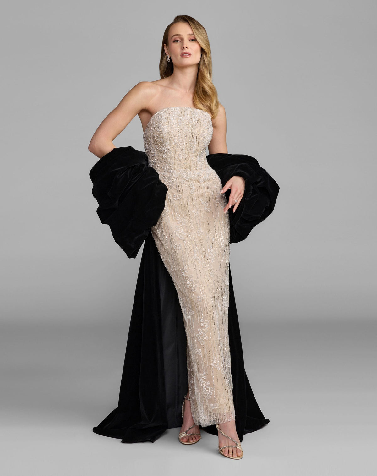 Mac Duggal Beige and Black Strapless Embellished Dress With Velvet Bow