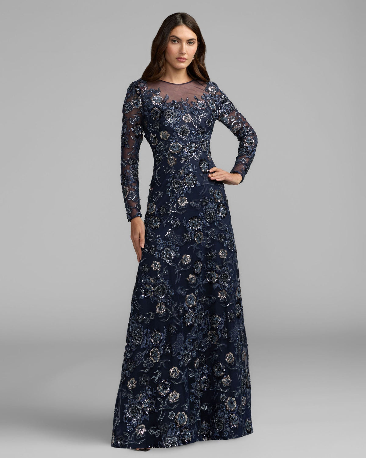 Mac Duggal Navy Embellished Floral Long Sleeve A-Line Gown