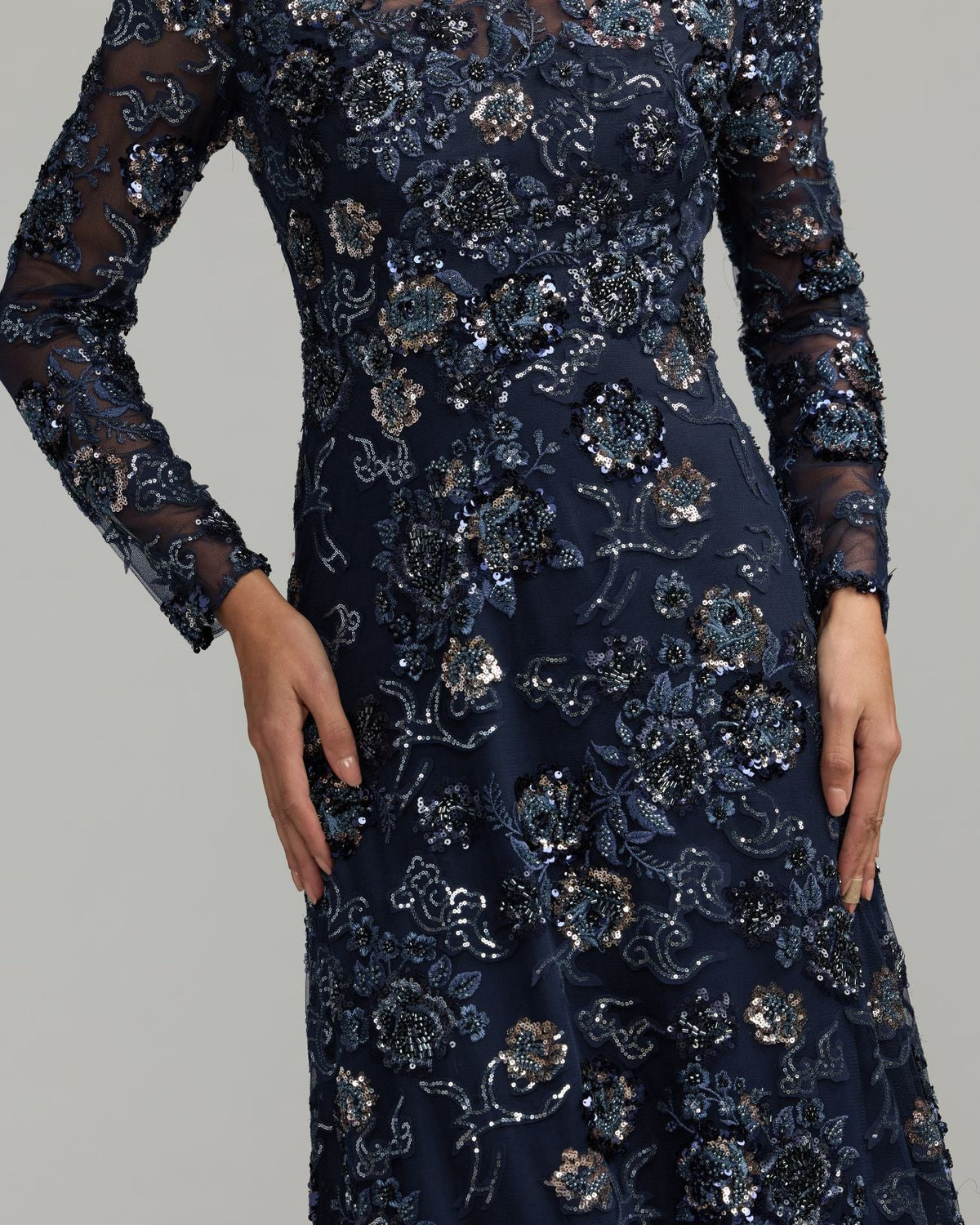 Mac Duggal Navy Embellished Floral Long Sleeve A-Line Gown