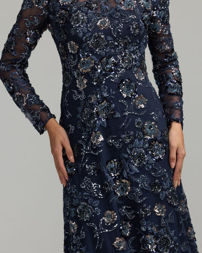 Mac Duggal Navy Embellished Floral Long Sleeve A-Line Gown