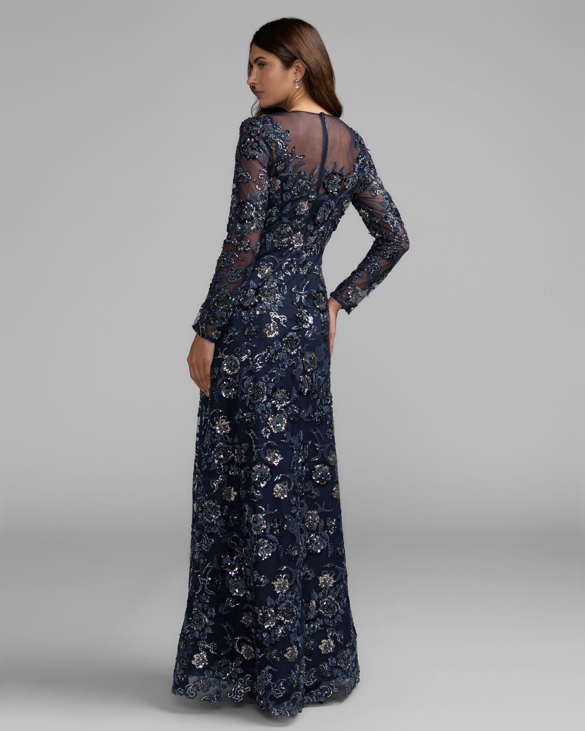 Mac Duggal Navy Embellished Floral Long Sleeve A-Line Gown