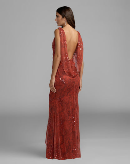 Mac Duggal Red Floral Embellished Column Gown with Cowl Back
