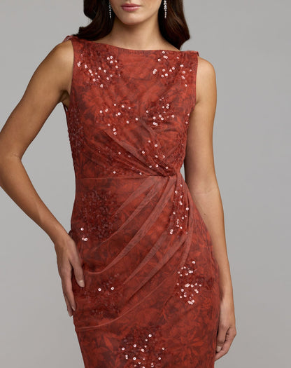 Mac Duggal Red Floral Embellished Column Gown with Cowl Back