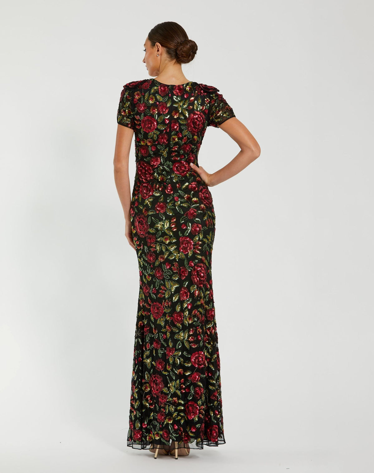Mac Duggal Multicolor Floral Sequin Scoop Neck Trumpet Gown
