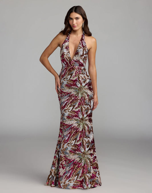Mac Duggal Multicolor Floral Sequin Sleeveless Open Back Gown