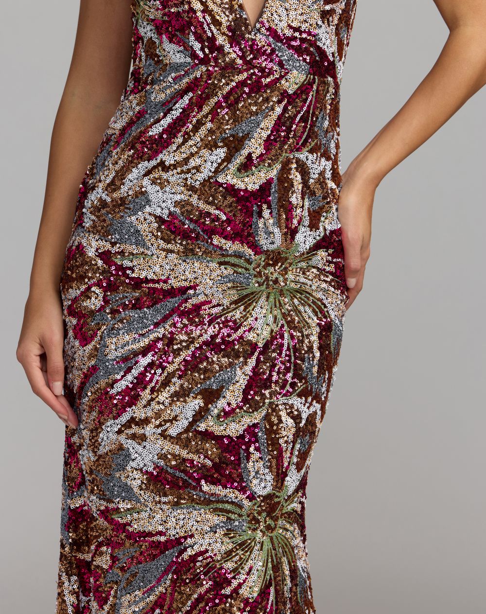 Mac Duggal Multicolor Floral Sequin Sleeveless Open Back Gown