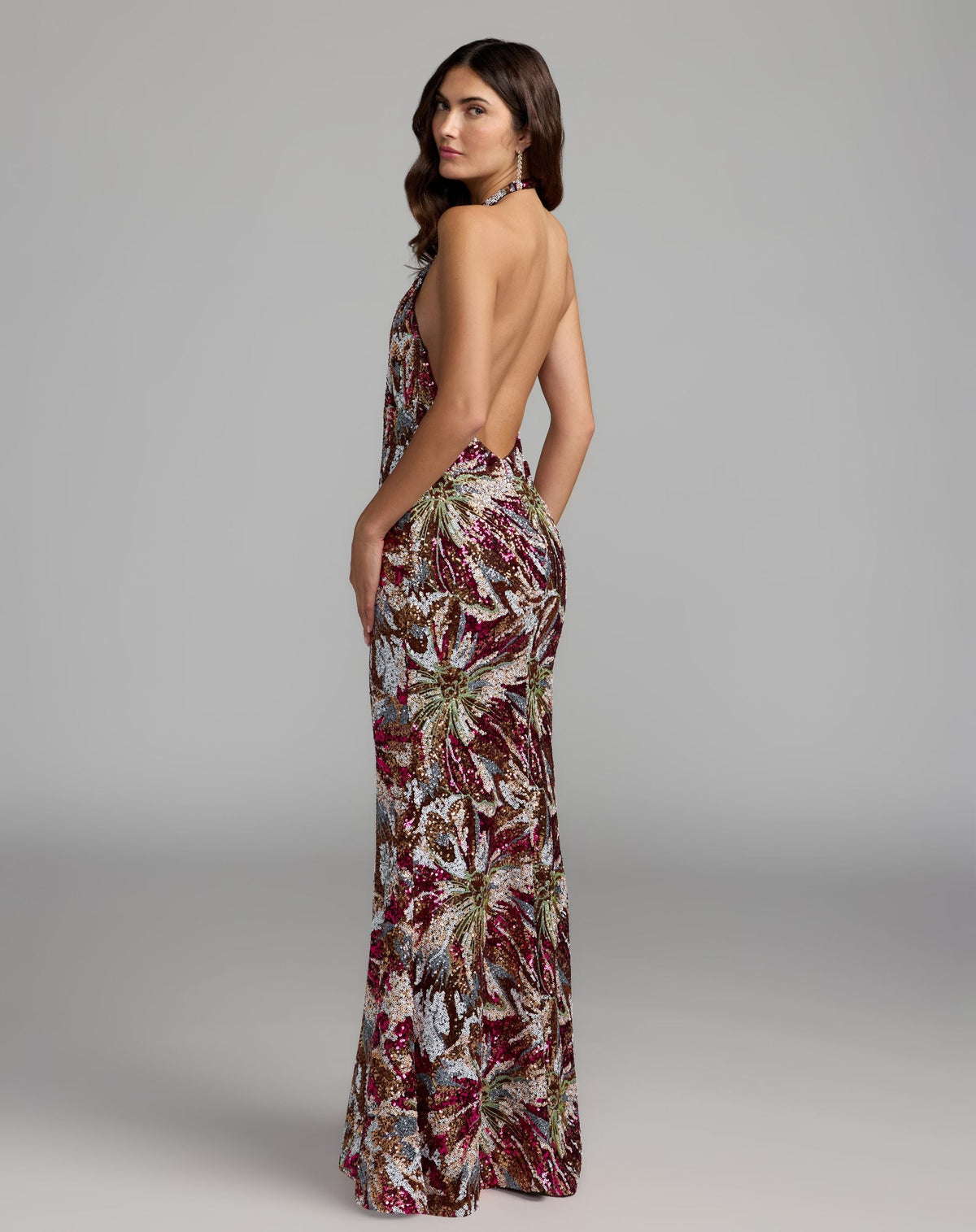 Mac Duggal Multicolor Floral Sequin Sleeveless Open Back Gown
