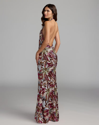 Mac Duggal Multicolor Floral Sequin Sleeveless Open Back Gown