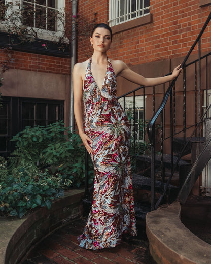 Mac Duggal Multicolor Floral Sequin Sleeveless Open Back Gown