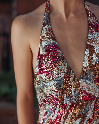 Mac Duggal Multicolor Floral Sequin Sleeveless Open Back Gown