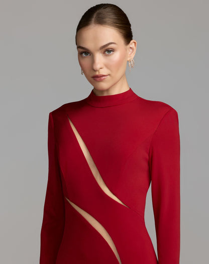 Mac Duggal Red Mock Neck Long Sleeve Cut Out Jersey Gown