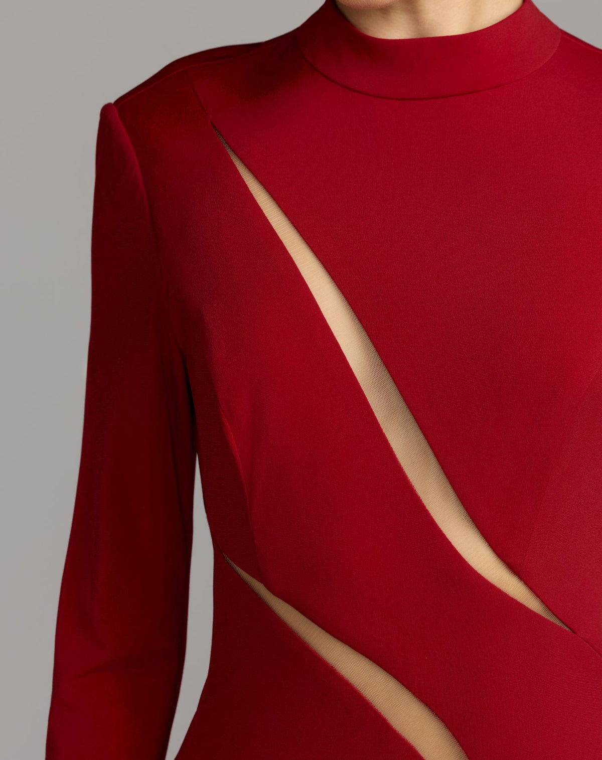 Mac Duggal Red Mock Neck Long Sleeve Cut Out Jersey Gown
