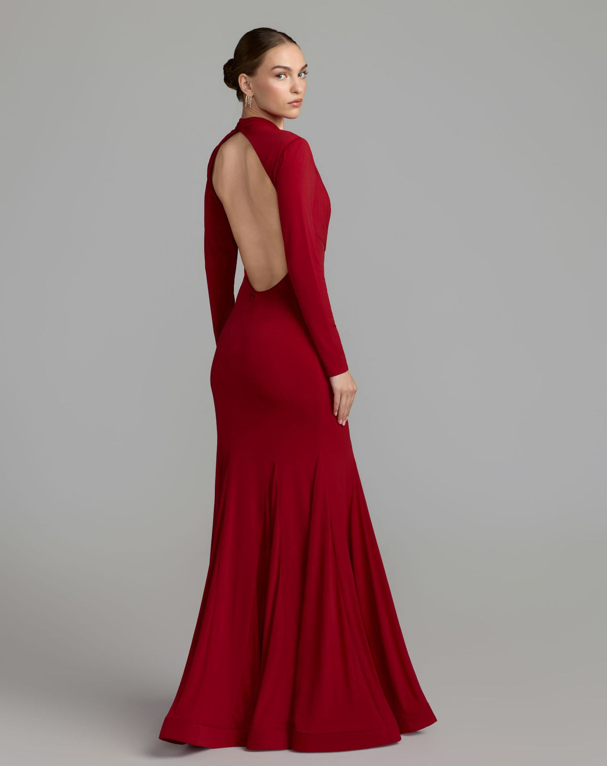 Mac Duggal Red Mock Neck Long Sleeve Cut Out Jersey Gown