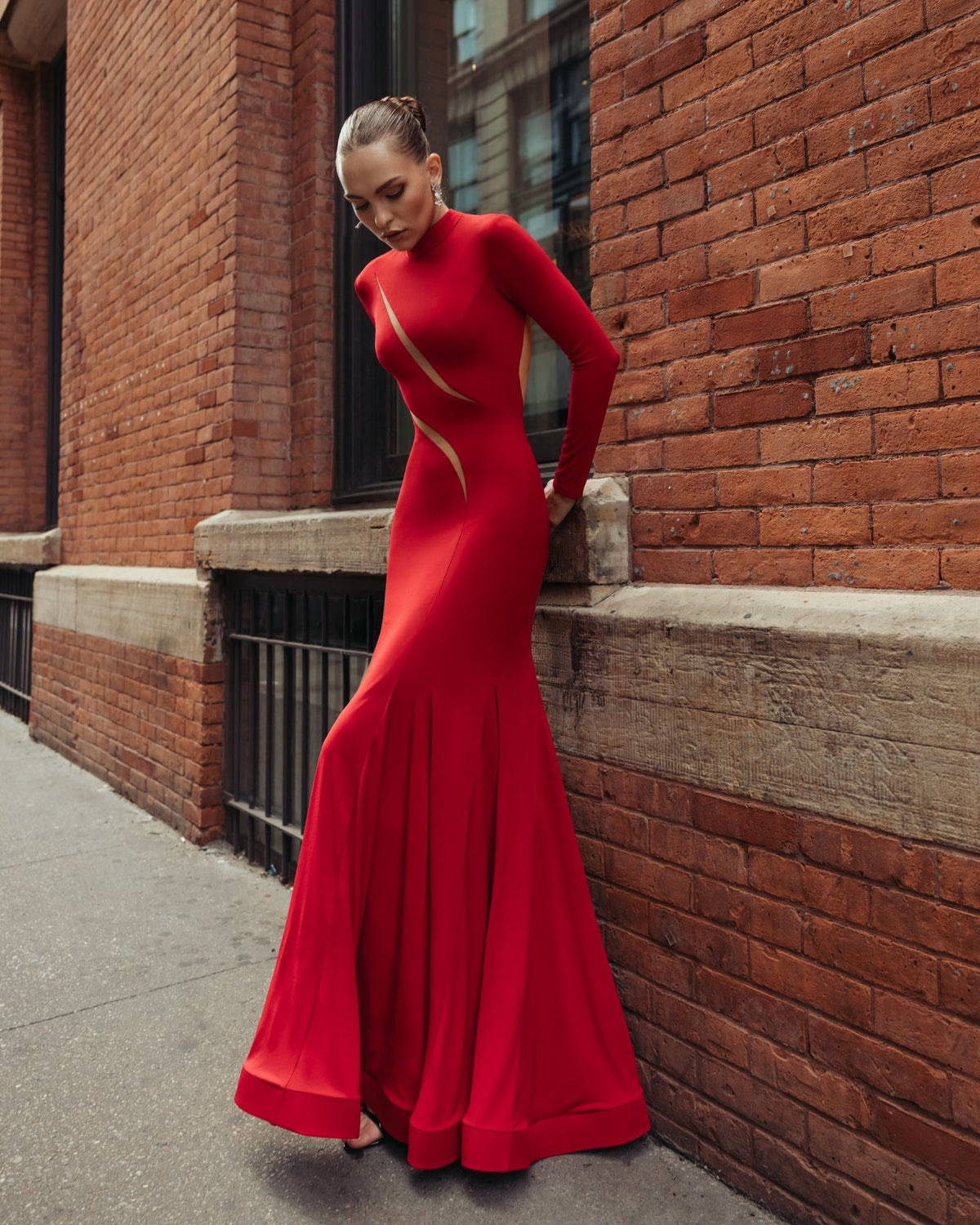 Mac Duggal Red Mock Neck Long Sleeve Cut Out Jersey Gown