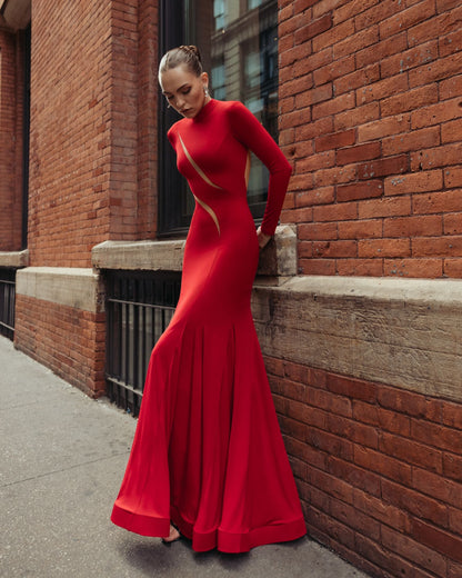 Mac Duggal Red Mock Neck Long Sleeve Cut Out Jersey Gown