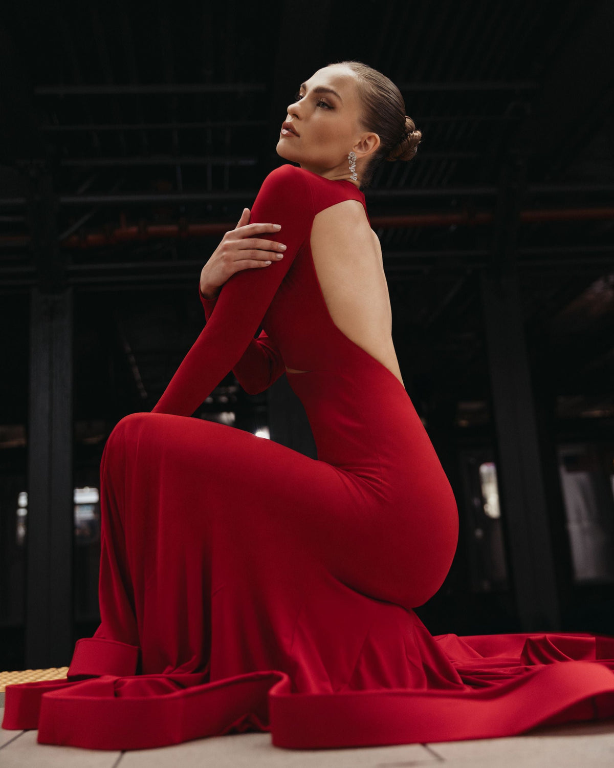 Mac Duggal Red Mock Neck Long Sleeve Cut Out Jersey Gown