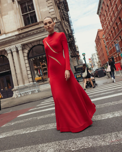 Mac Duggal Red Mock Neck Long Sleeve Cut Out Jersey Gown