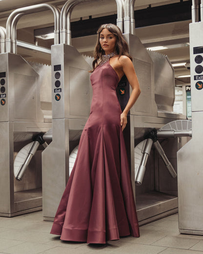 Mac Duggal Plum Satin Embellished Halter Mermaid Gown