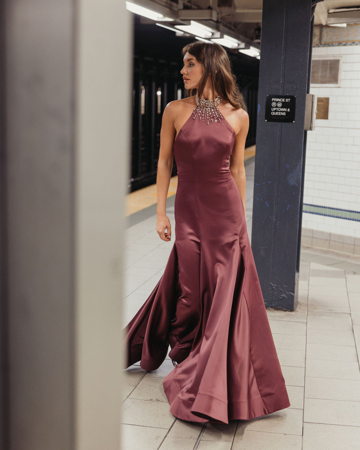 Mac Duggal Plum Satin Embellished Halter Mermaid Gown