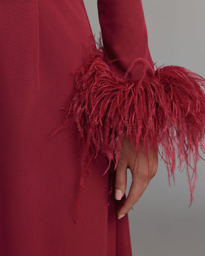 Mac Duggal Maroon Feather Cuff Long Sleeve A-Line Gown